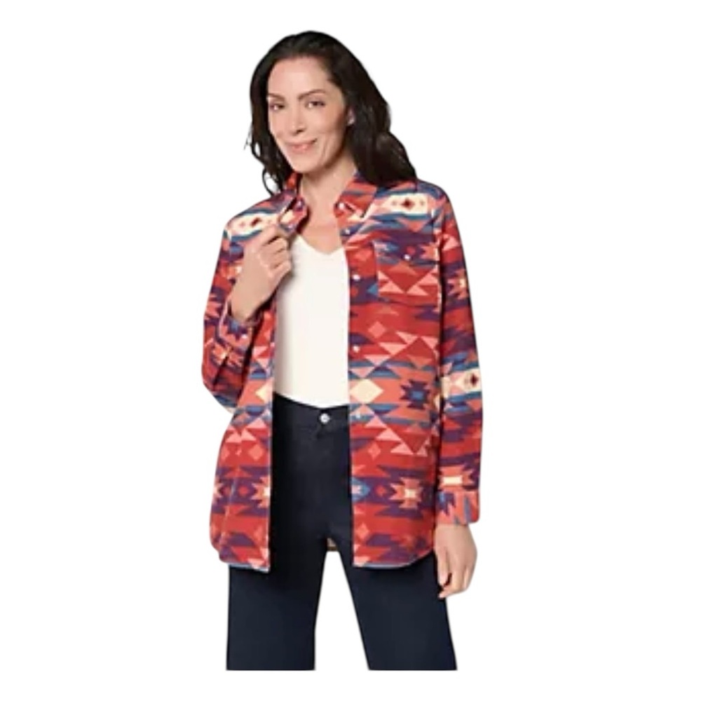 Western Tribal Rodeo Pearl Snap Button Down Shacket Womens XL Denim & Co Woven
